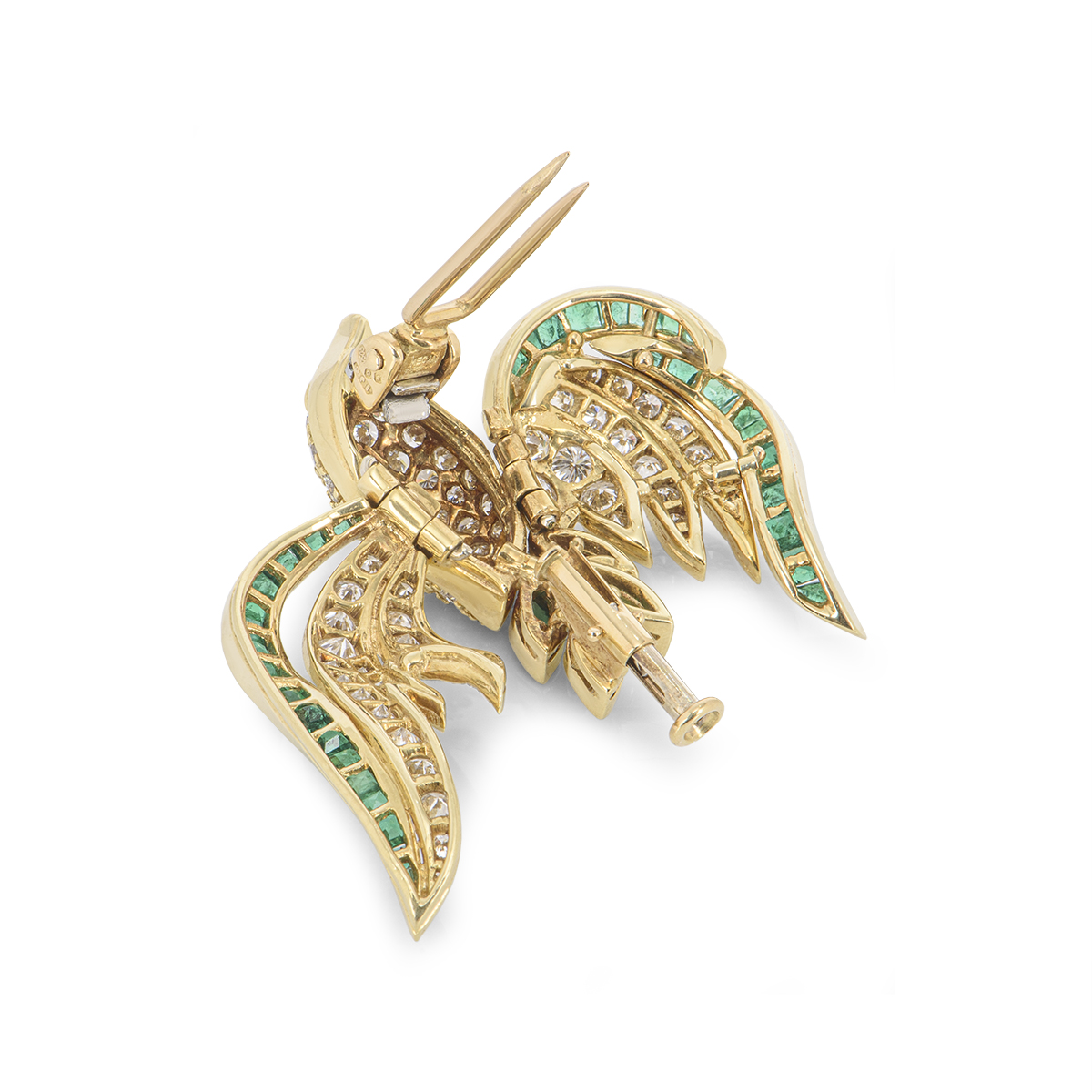 Yellow Gold Diamond & Emerald Bird Brooch